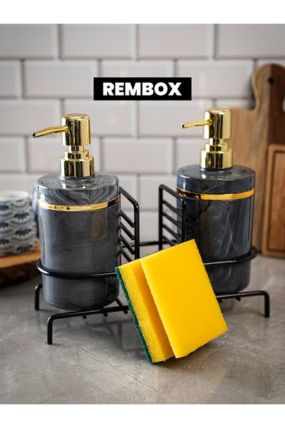 Rembox Luxury 2-Pece Liquid Soap Dispenser με Stand - Σετ υγρού σαπουνιού με μεταλλική βάση - Πλαστικός διανομέας σαπουνιού με σφουγγάρι 500ml
