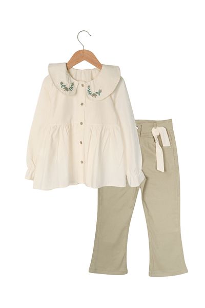 Biminik Girl's Baby Collar Floral Embroidered Shirt and Trousers Set of Two Cream-Green