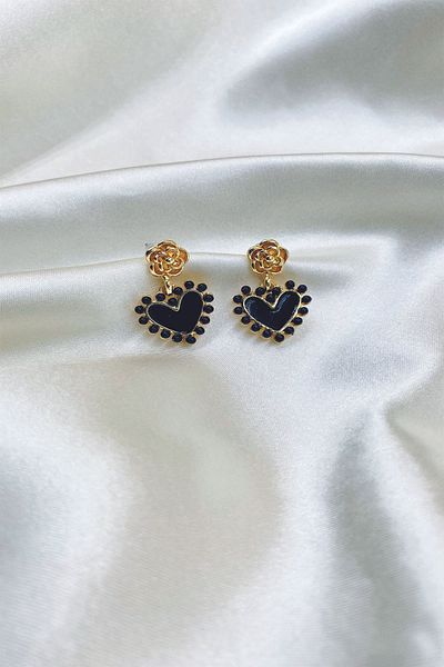 Eylülün Takısı Gold Color Black Heart Dangle Earrings