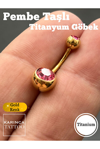 Karınca Piercing Pembe Taşlı Altın Rengi Titanyum Göbek Piercing