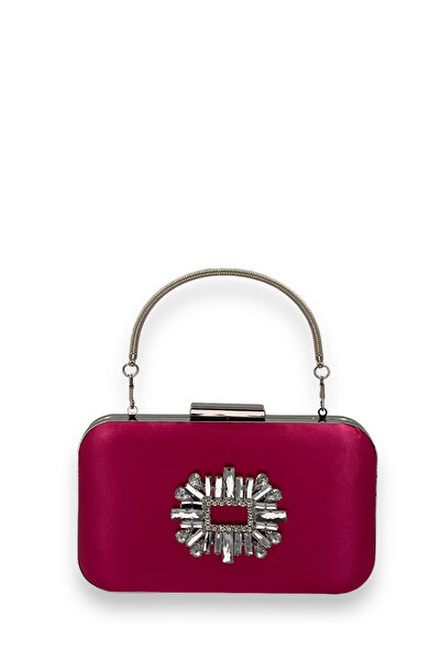 MidStore Fuchsia Color Satin Silver Case Silver Stone Handle Evening Dress Ev...