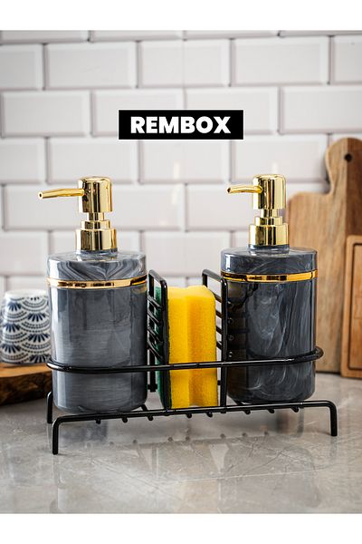 Rembox Luxury 2-Pece Liquid Soap Dispenser με Stand - Σετ υγρού σαπουνιού με μεταλλική βάση - Πλαστικός διανομέας σαπουνιού με σφουγγάρι 500ml