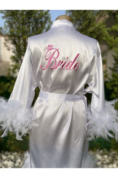 Before To Be Bride Fuchsia Embroidered Bride Full Feather Bridal Dressing Gown