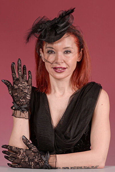 SeddA Black Lace Bridal Cap, Wedding Hat and Lace Bridal Gloves Combination Set