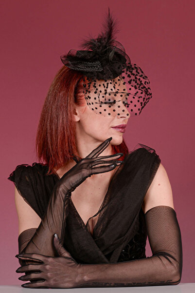 SeddA Siyah Puantiyeli Gelin Kepi Nikah Şapkası Ve Uzun Tül Gelin Eldiveni  K...