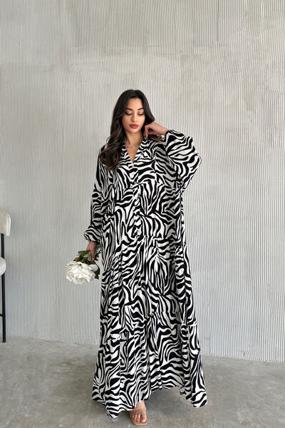 ASEDE Φόρεμα 100% Viscose Bohemian Alaçatı με κουμπιά Μαύρο και άσπρο φόρεμα βισκόζης Κατάλληλο για ισλαμικό φόρεμα