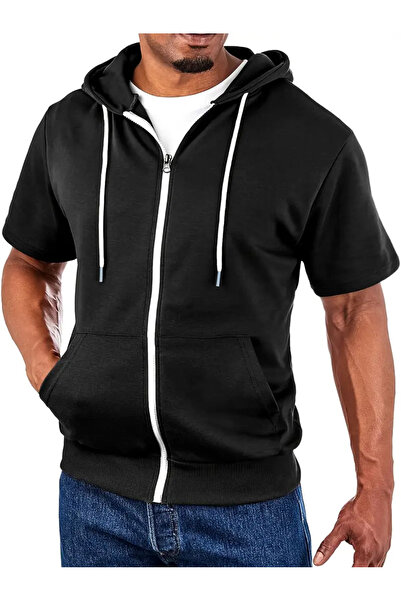 bellanova Erkek Dar Kesim Kısa Kollu Kanguru Cepli Hafif Fermuarlı Kapüşonlu Üst