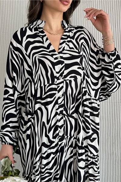 ASEDE 100% Viscose Bohemian Alaçatı Dress Buttoned Black and White Viscose Dress Suitable for Hijab