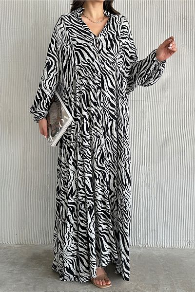 ASEDE 100% Viscose Bohemian Alaçatı Dress Buttoned Black and White Viscose Dress Suitable for Hijab