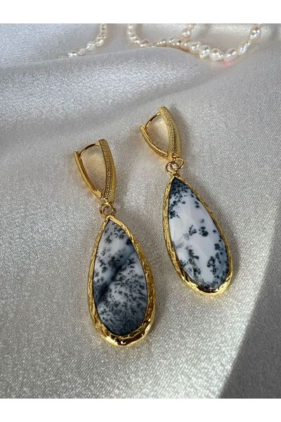 Feyz Tasarım Dandritli Agate Taşı Özel Damla Kesim Tasarım Küpe