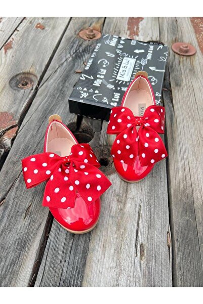 Bebeğimin Dolabında Kız Çocuk Kırmızı puantiyeli Fiyonklu Babet Ayakkabı