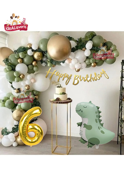 Bkmc Set pentru petrecere de aniversare 6 ani Retro Dinozaur verde Folie Verd...