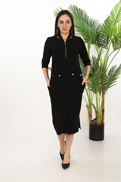 etselements Μίντι φόρεμα με ριμπ γιακά - με φερμουάρ, τσέπες και λεπτομέρεια ...