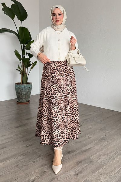 InStyle Fusta bej cu model leopard cu talie elastică