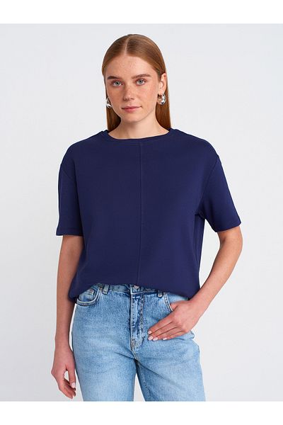 Dilvin 31218 Stitching Detail T-Shirt-Navy