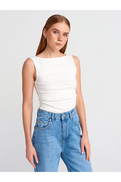 Dilvin 31589 Μαζευμένο Boat Neck Top-εκρού