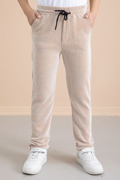 Cansın Mini Ribbed Tan Striped Boy's Elastic Waist Trousers 20376