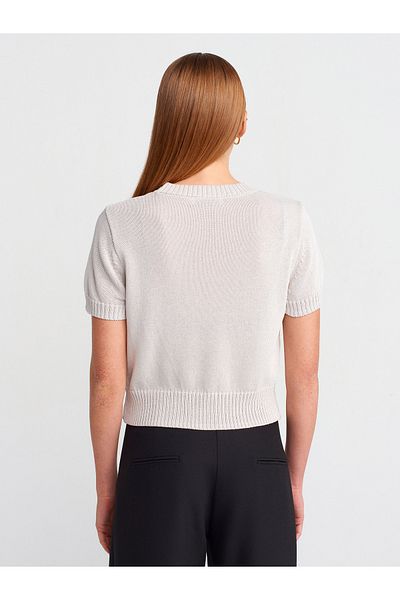 Dilvin 10718 Crew Neck Thin Textured Knitwear Blouse-Gray