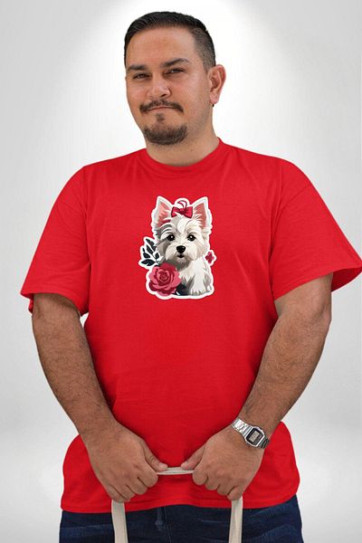 Angemiel تي شيرت White Highland Terrier Red Rose Red مقاس كبير للرجال والنساء للجنسين أساسي مطبوع مسبقًا