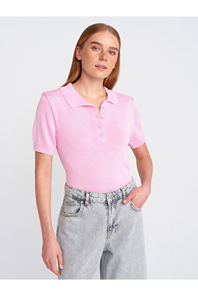 Dilvin 10719 Polo Neck Button Thin Knitwear Blouse-Pink