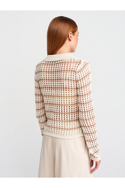 Dilvin 10724 Polo Neck Openwork Buttoned Knitwear Sweater-Ecru-Beige