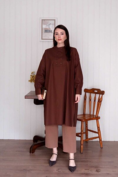 Ceylan Otantik Bitter Brown Long Button Detailed Tunic