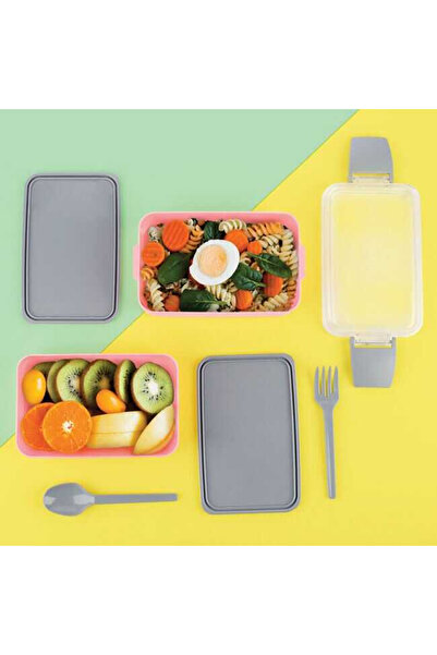 Micostore Πλαστική κατσαρόλα, με χωρίσματα, παιδική, διπλή, με πιρούνι και κουτάλι, ροζ γκρι, για κορίτσια, 16 X 10 X 9 εκ.