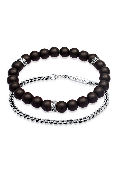 KUZZOI Armband-Set für Herren mit Onyx-Stein und Panzerkette, maskulin, aus 925er Sterlingsilber