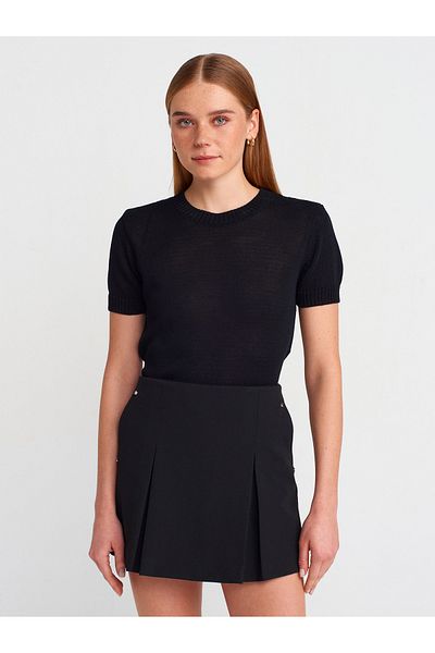 Dilvin 10718 Crew Neck Thin Textured Knitwear Blouse-Black