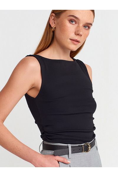 Dilvin 31589 Gathered Boat Neck Top-Black