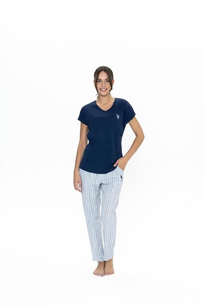 U.S. Polo Assn. Costum de pijama din bumbac pieptănat pentru femei Polo cu decolteu în V, 100% bumbac, de sus și de jos