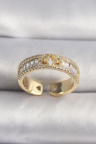 NEZADE STORE Brass Gold Color Zircon Stone Star Engraved Vip Series Women's Ring - Lisinya