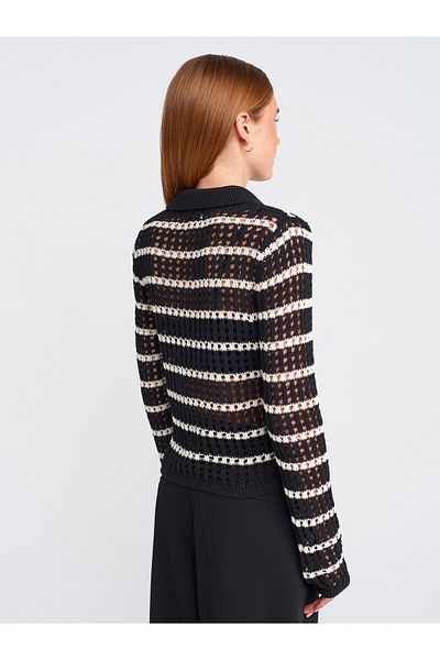 Dilvin 10724 Polo Neck Openwork Buttoned Knitwear Sweater-Black-Ecru