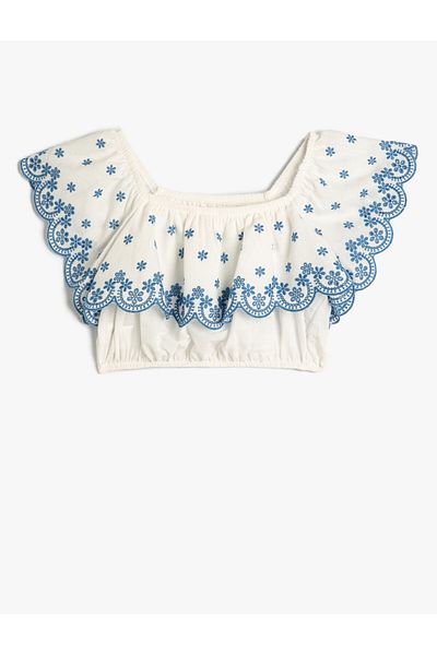 Koton Crop-Bluse aus schulterfreier, gerüschter, geschichteter Baumwolle mit Blumenmuster