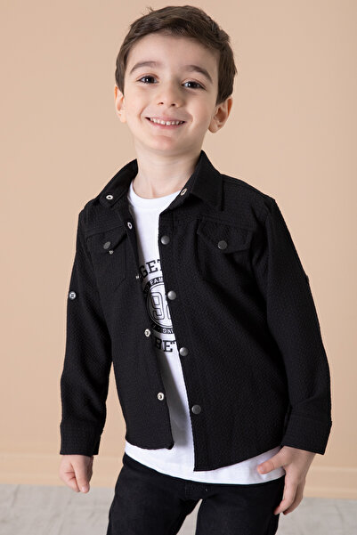 Cansın Mini Black Boy's 3-Piece Bottom Top Suit with Snap Fastener Shirt Pants 20260