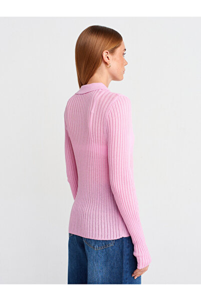 Dilvin 10722 Polo Neck Button Thin Knitwear Sweater-Pink