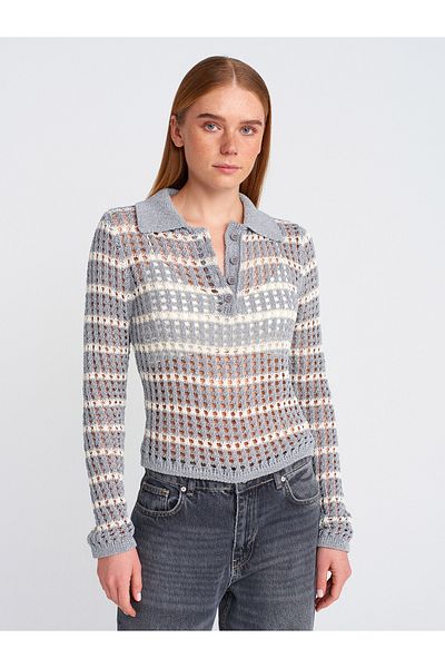 Dilvin 10724 Polo Neck Openwork Buttoned Knitwear Sweater-Gray-Ecru