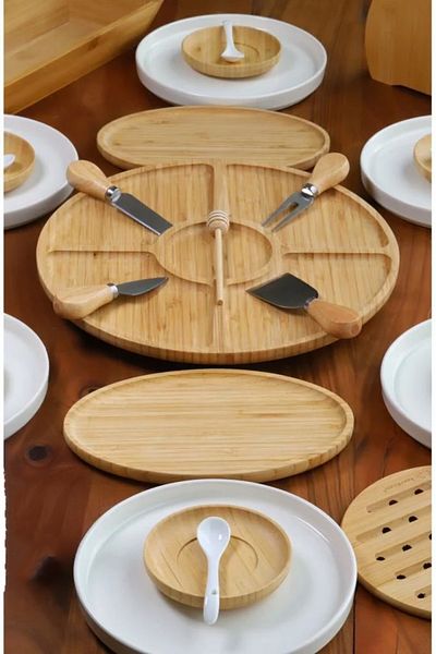 Bambum Atbyhome 6-Person 33 Piece Ceramic - Bamboo Breakfast Set - Luxury Breakfast Presentation Set