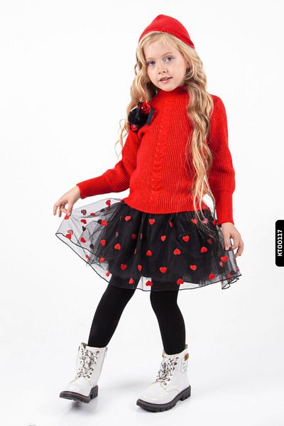 XO Kids Tricotaj roșu Pulover Beretă Sosete pentru laptop Rochie cu model inimă pentru fete 4-10 ani 2170