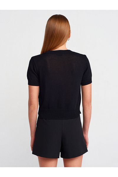 Dilvin 10718 Crew Neck Thin Textured Knitwear Blouse-Black