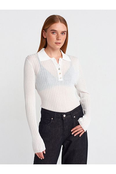 Dilvin 10722 Polo Neck Buttoned Thin Knitwear Sweater-Ecru