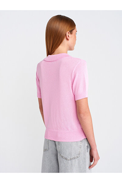 Dilvin 10719 Polo Neck Button Thin Knitwear Blouse-Pink