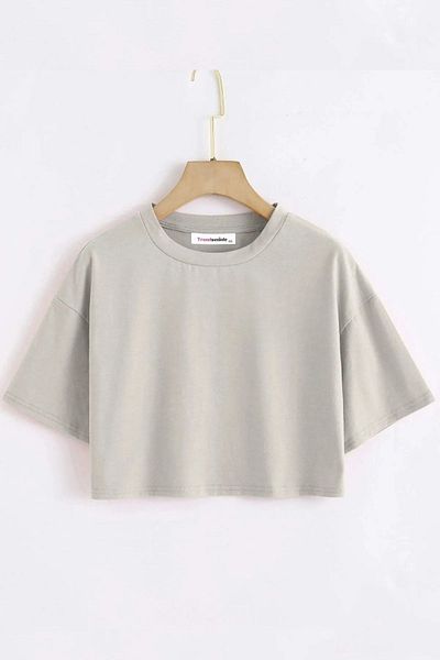 Trendseninle Dámské triko Oversize Crew Neck Crop v šedé barvě