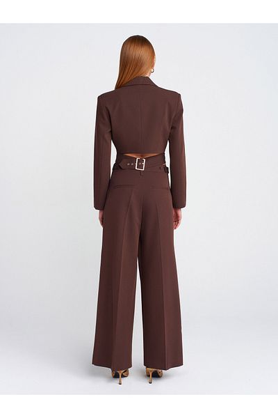 Dilvin 71606 Model - Extra Wide Leg and Adjustable Cut Coffee Pants