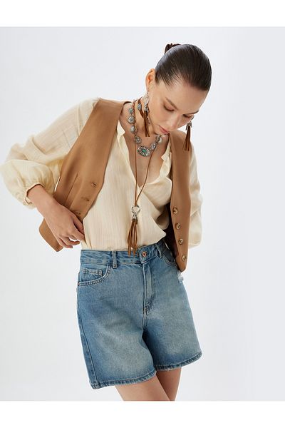 Koton Pantaloni scurți confortabili din denim cu talie înaltă - bumbac cu buzunare cu nasturi