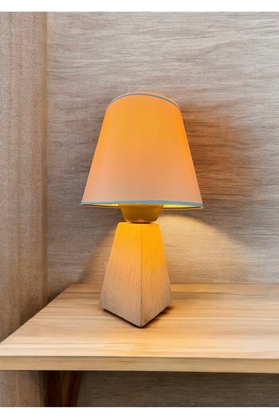 burenze Modern Abajur Krem Şapkalı El Yapımı Doğal Ahşap Gövde Abajur Masa La...