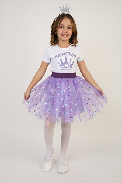 Dıgıl Kids Girl's Suit Crown Patterned Badi Lilac Foil Print Skirt Blouse