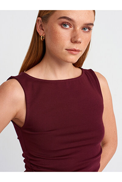 Dilvin 31589 Büzgülü Kayık Yaka Top-Bordo
