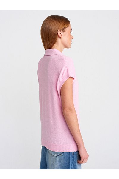 Dilvin 10723 Polo Neck Thin Textured Knitwear Blouse-Pink