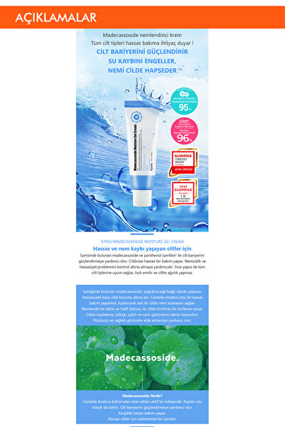 Missha Hassas ve Yıpranmış Ciltlere Özel Nemlendirici Jel Krem A'PIEU Madecassoside Moisture Gel Cream